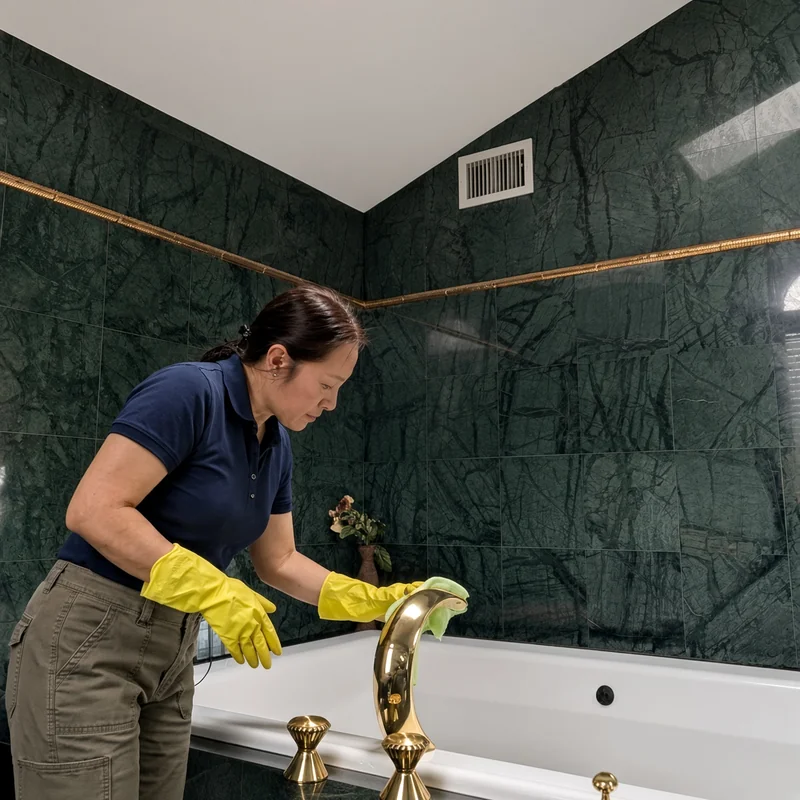 The person behind Lume Luxe carefully cleaning a bathroom fixture.